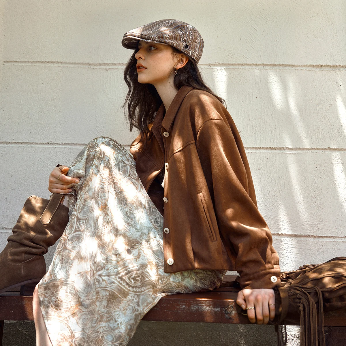 Kurtka damska OLrain, vintage, luźna, brązowa, zamszowa, krótka, wiosna 2026, codzienna, jednolita, z długim rękawem, odzież wierzchnia damska GO57QW000921