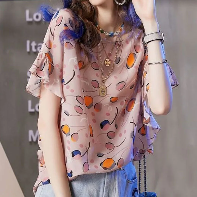 Round Neck Fashion Chiffon Printing Casual Streetwear Blouses Summer New Women\'s Clothing Loose Ruffles Short Sleeve Shirt Tops