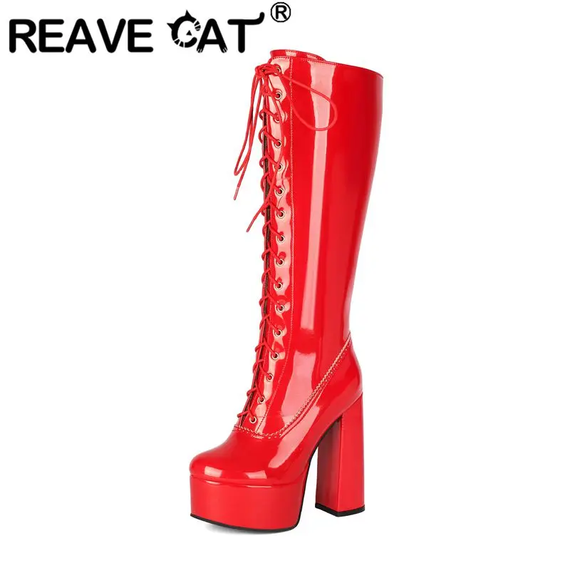 REAVE CAT Pink Women Knee Hig Boots Round Toe 14cm Block Heel 4.5cm Platform Zipper Lace Up Plus Size 46 47 48 Sexy Long Botas