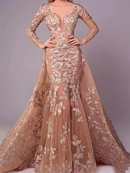 Illusion Lace Applique Mermaid Formal Evening Dresses with Detachable Long Sleeves Prom Gowns Plus Size