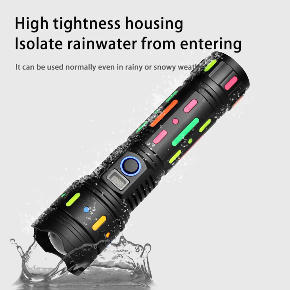 High Power Long Range LED Flashlight With Fluorescent Film Powerful Bright Tactical Torch  Display Rechargeable Battery Lantern