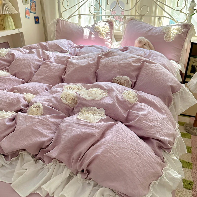 

3/4Pcs Korean Style Princess Lace Ruffles Skin-friendly Soft Flowers Embroidery Bedding Set Duvet Cover Bed Sheet Pillowcases