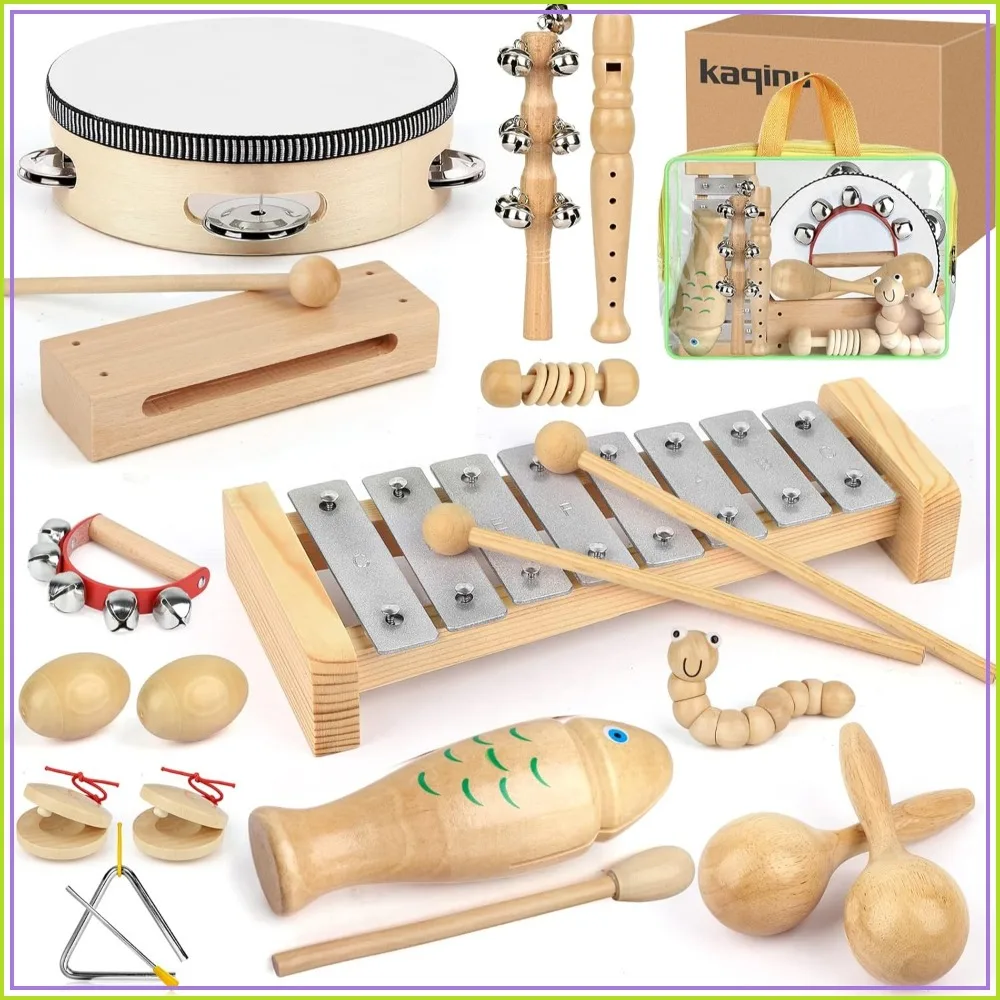 23個の木製楽器セット、子供用タンバリン木琴おもちゃ、バッグ - Musical Instrument Image のレビューと価格