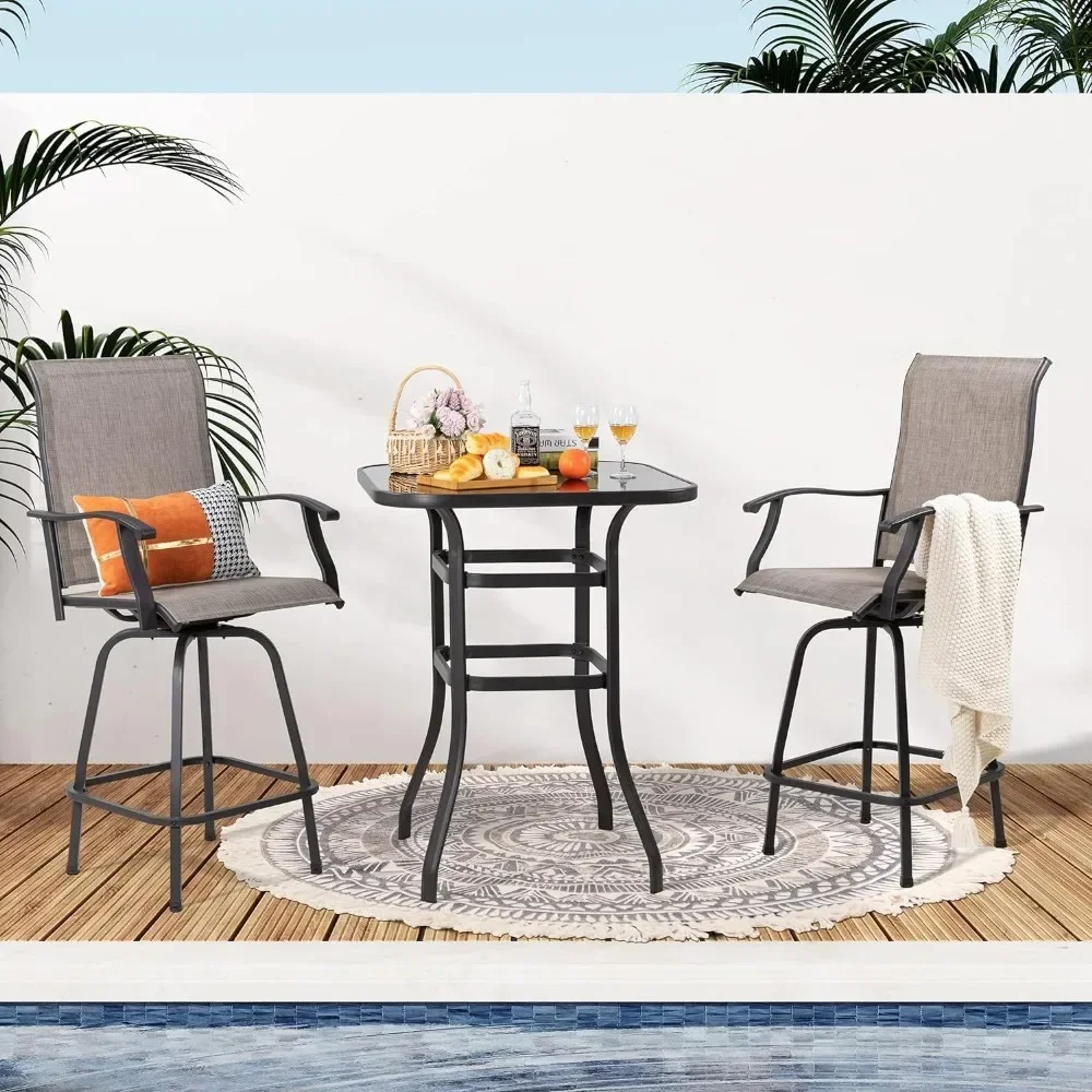 All Weather Textile Fabric Outdoor High Stool Bistro Set with 2 Bar Chairs and Glass Table for Home