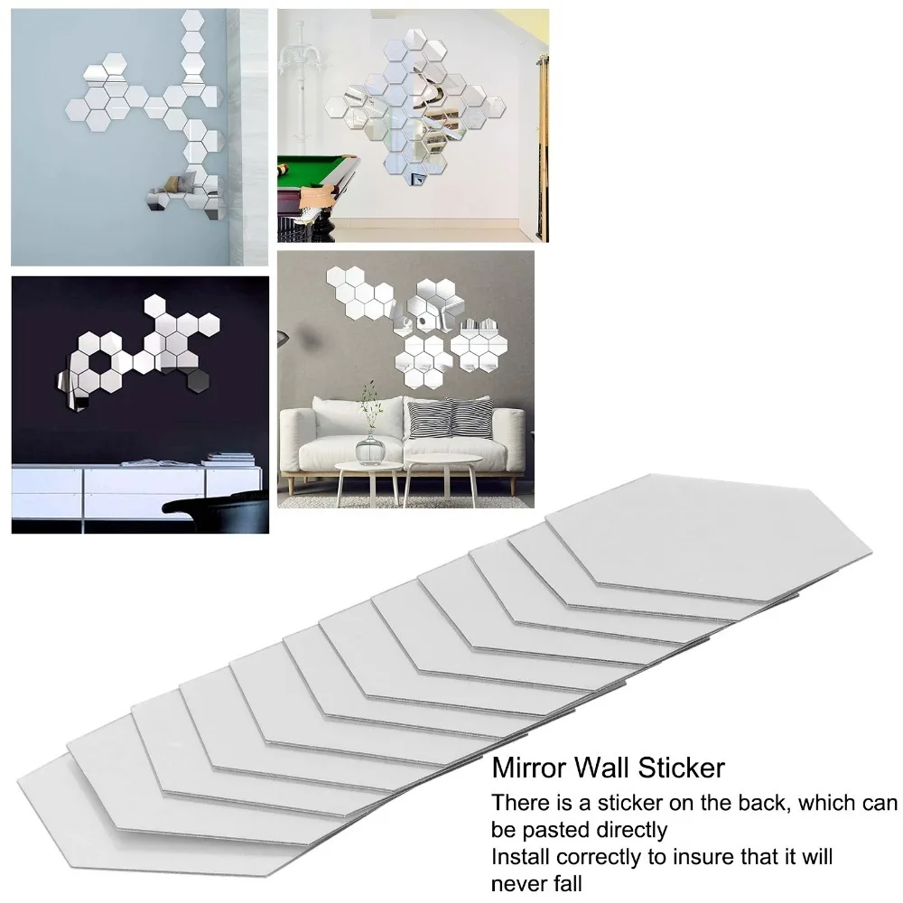 12 Pcs Acrylic Acrylic Mirror Sticker Self Adhesive 10cm Hexagon Wall Mirror Sticker Decorative Sheet Hexagonal Shape