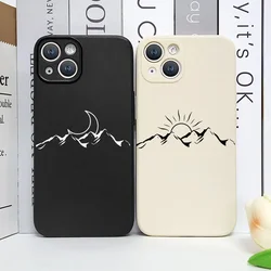 Line Mountain Scenery Phone Case for IPhone 16 15 Pro Max 13 12 11 XS MAX X 7 8 14 Plus Shockproof Simple Sun Moon Couples Cover