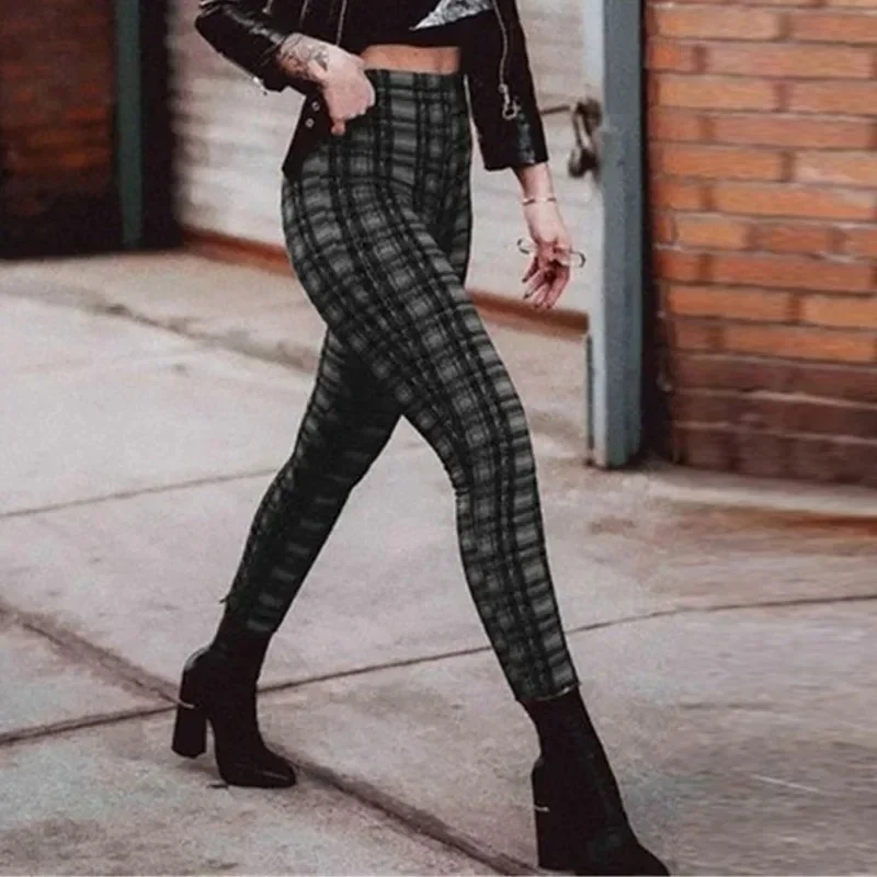 Spring Fall Women High Waist Leggings Elastic Fashion Small Leg Casual Pants Female Fitness Trousers Pencil Pants Skinny Plaid