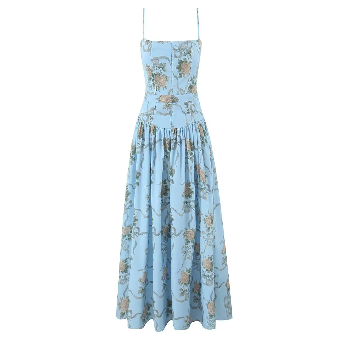 

French Sky Blue Retro Rose Print Mid Long Sun Dress Women's Summer Strapless Dress with Backless