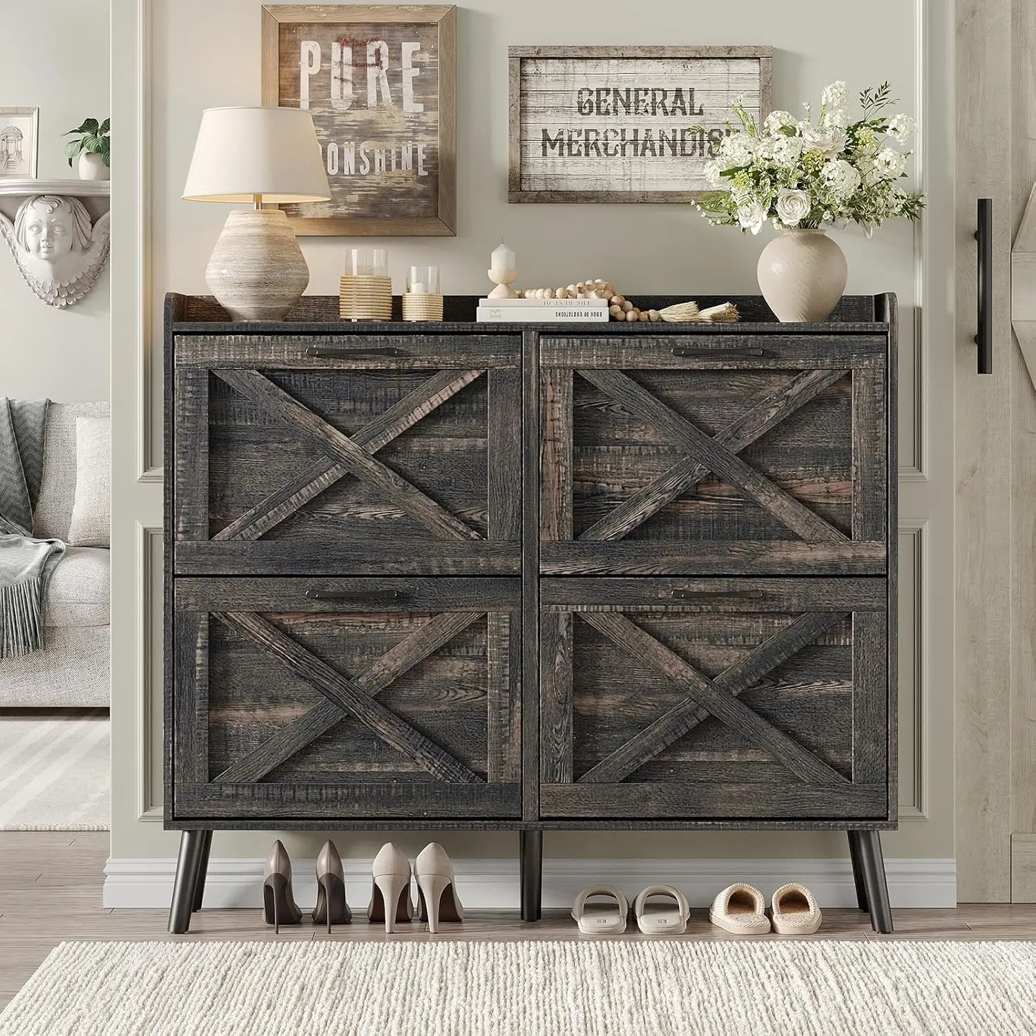 

Узкий шкаф для обуви с 4 откидными ящиками, органайзер для обуви в прихожей на 40 пар, компактная обувница с защитой от опрокидывания