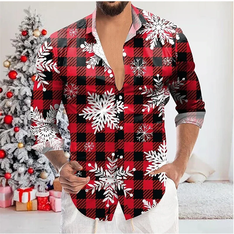 2024 3D Printed Snowflake Casual Men\'s Shirt Christmas Casual Autumn and Winter Long Sleeve Blue Four-Sided Stretch Fabric Shirt