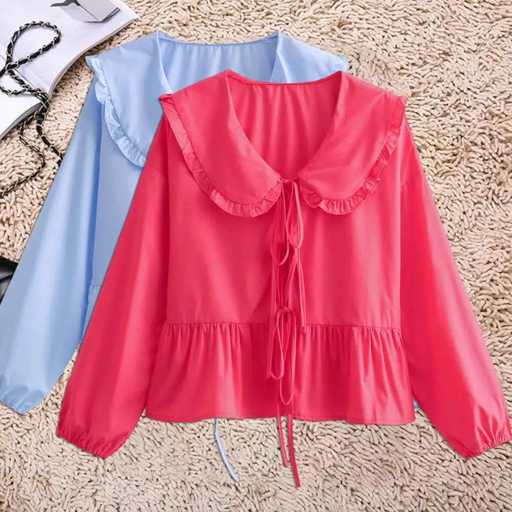 Camisa de manga larga con solapa para mujer, camisa de manga farol, dobladillo con volantes de Color sólido, cierre de cordones, Top de verano, estilo de viaje