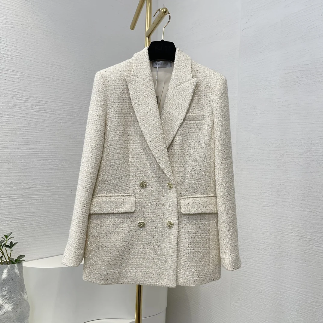 2024 New Autumn White Casual Office Beige Gold Shinning Sequins Long Sleeve Tweed Jacket for Women