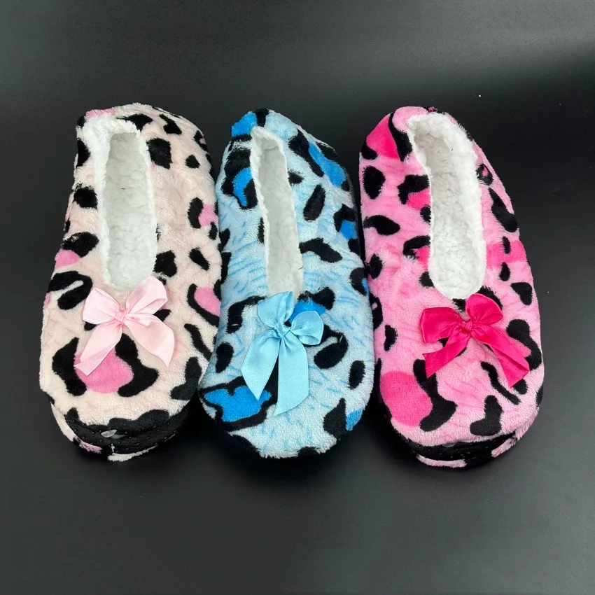 Winter Warm Slipper Women Bow Knot Leopard Fur Plush Anti Skid Grip Cute Funny Indoor Home House Fluffy Female Floor Shoes