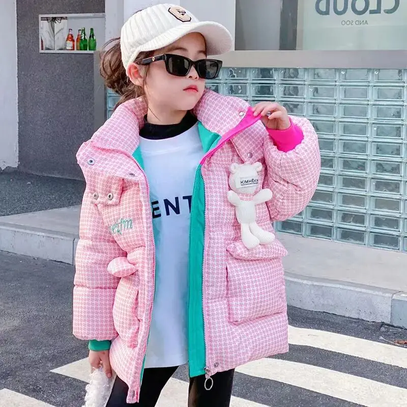 Winter Keep Warm Princess Girls Jacket Grid Design Padded Lining With Velvet Hooded Heavy Coat For Kids Sent Bear Doll