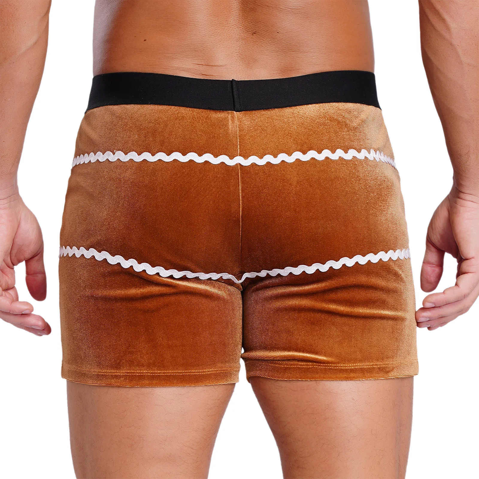 Mens Gingerbread Boxers with Wavy Ribbon Christmas Parties Costume Pleuche Elastic Waistband Decoration Boxers Shorts Bottoms