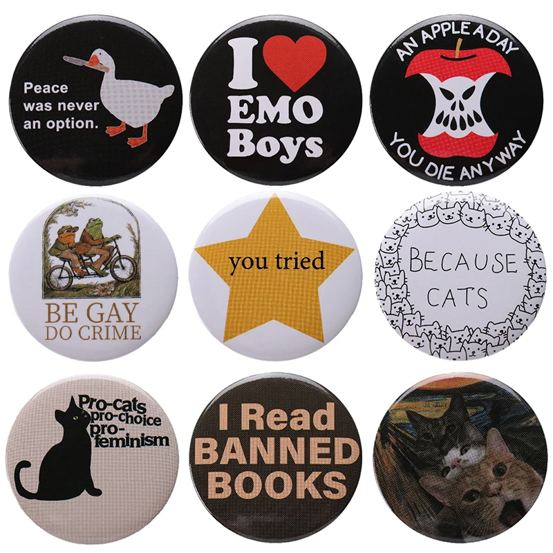 Pro-Cats Tinplate Pin I Read Banned Book Brooch Cartoon Oil Painting Moon Badge Funny Punk Black Humor Jewelry Gift Kids Friend