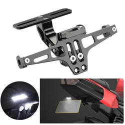 Motorcycle License Plate Holder Alloy Folding Adjustable Motos License Number Plate Install Frame With LED Light Accessory