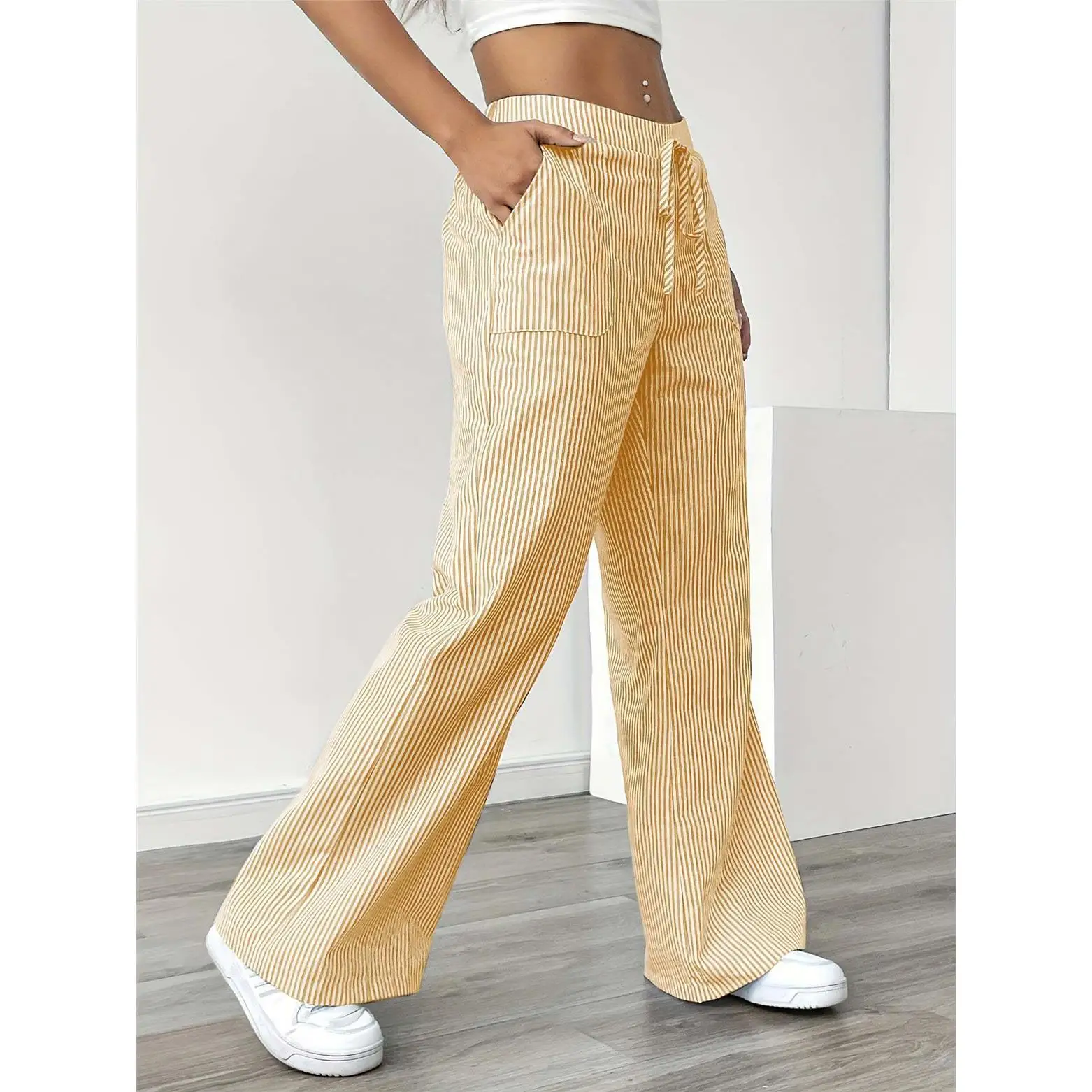 

Spring 2026 Women's Faion Casual Striped Loose Long Pants Straight Leg Wide Leg Cotton Polyester Commute Sle Neutral