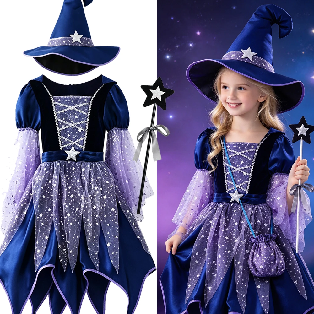 Hexenkostüm für Mädchen, Halloween-Kleid, Kinder-Cosplay-Party, Kleid mit Sternenmuster, Set mit Hut, Tasche und Zauberstab – Detail 2