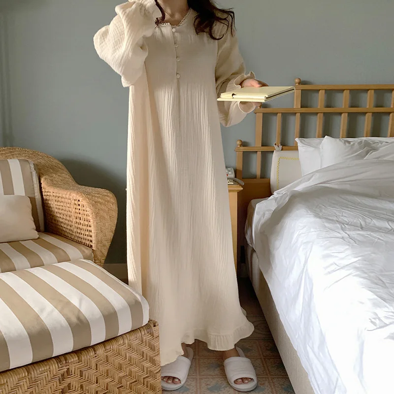 Gentle and Lazy French Instagram Style New Pure Cotton Crepe Long Dress Sweet Girl Loose Simple Pajama 100% Cotton Dresses