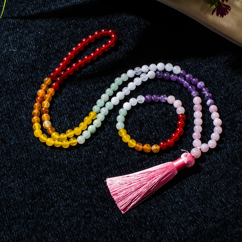 

8mm Rose Quartz Amethyst Beads 108 Mala 7 Chakra Necklace Meditation Yoga Prayer Jewelry Japamala Set