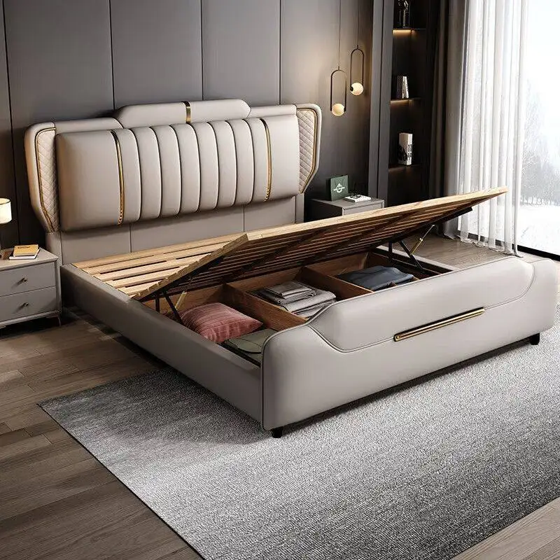 #Minimalist Design Newest Modern Leather Soft Reclining Bed with Storage Space Eco-Friendly Queen Size for Family Use