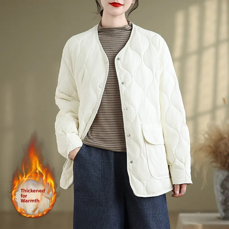 

Женская утепленная стеганая куртка свободного кроя с круглым вырезом и одной пуговицей, из хлопка, для осени и зимы, для повседневной носки, модная