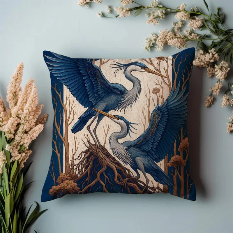 VIKAMA Blue Heron Pillow Cover Tropical Bird Cushion Case Forest Scenery Decor For Home Living Room Bedroom