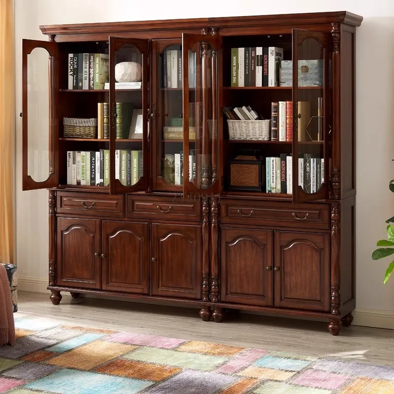 *1 خزانة كتب أمريكية مصنوعة بالكامل من الخشب الصلب مع باب زجاجي، دراسة أوروبية بسيطة لتخزين رف الكتب القديم