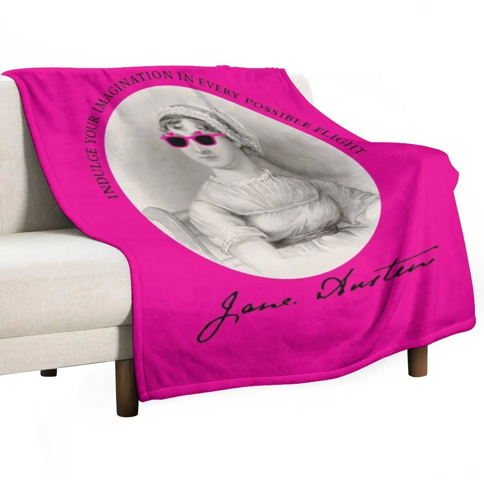 

Jane Austen Quote Portrait Pink Throw Blanket Large Bed linens Blankets