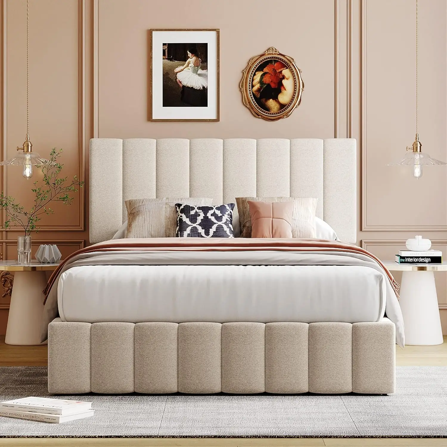 Upholstered Full Size beds Gas Lift Up Storage Platform Bed Frame with Tufted Headboard Wooden