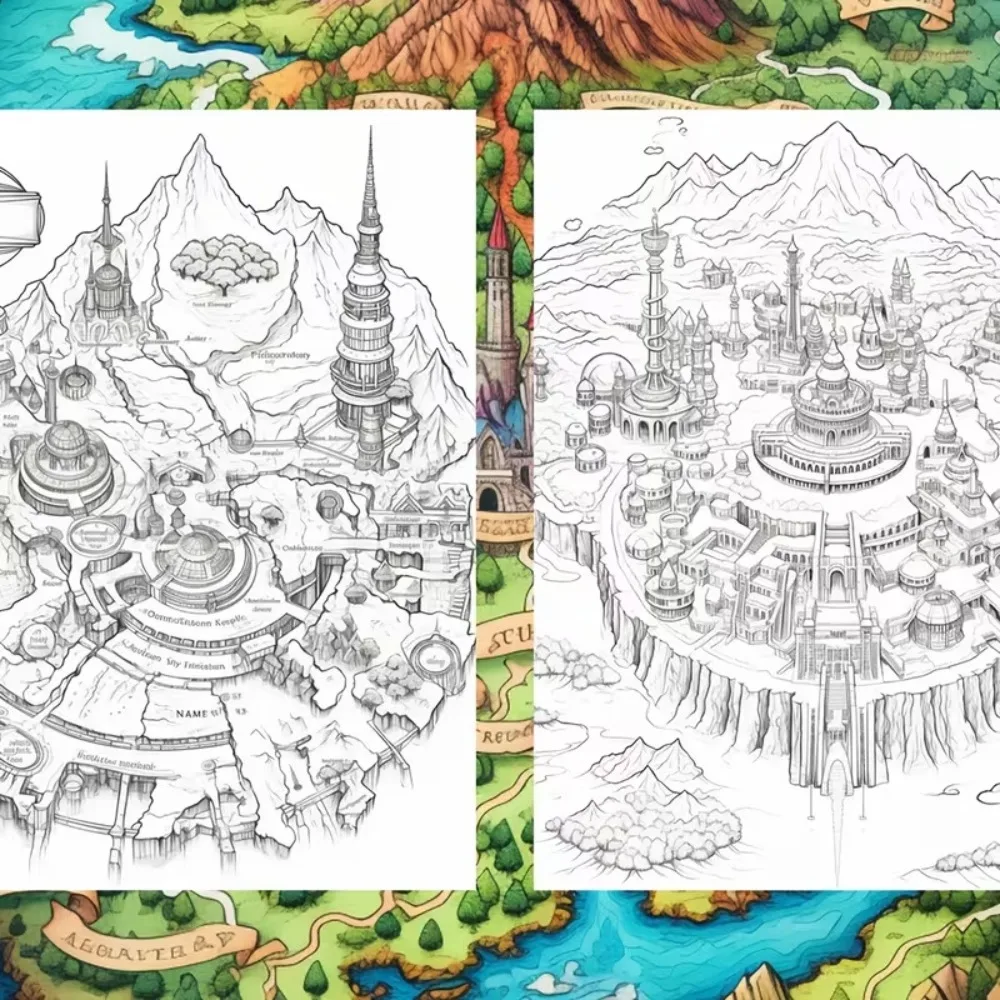 A4 Spiral Fantasy Map Coloring Book for Adults 24 Pages Legendary Land Designs Relaxing Art Therapy Creative Gift