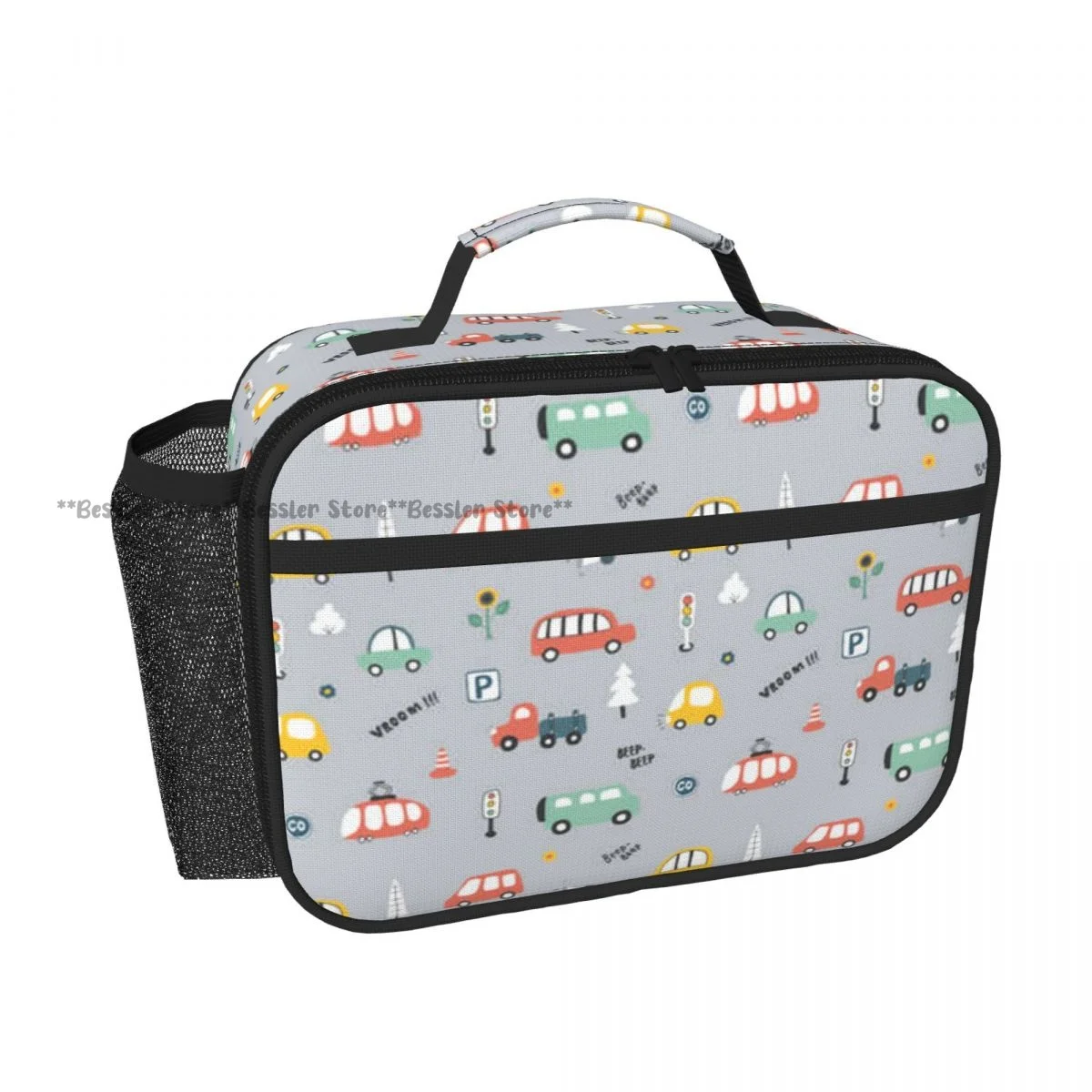 Reusable Handheld Thermal Bento Bag Cute Cars Cartoon Transportation Insulated Lunch Carrier for School Office Outdoor Use