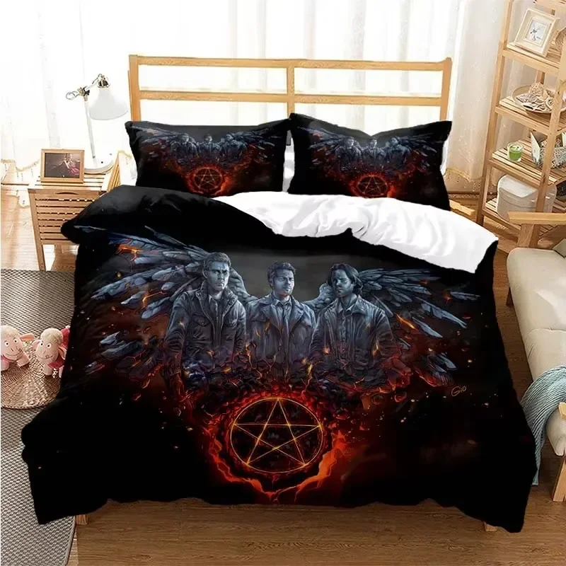 3pcs Bedding Set Winchester Brothers Angel Sam Dean Printed Cozy Duvet Cover King Queen Single Size Birthday Gift Bedroom Decor
