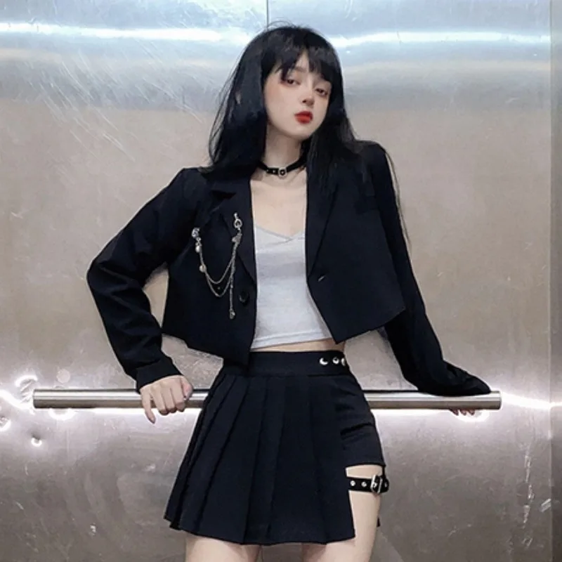 2023 Woman Punk Chain Black Short Jacket Fashion New Casual Pants Skirt Two-piece Set Spring Fall Solid Jackets Outerwear