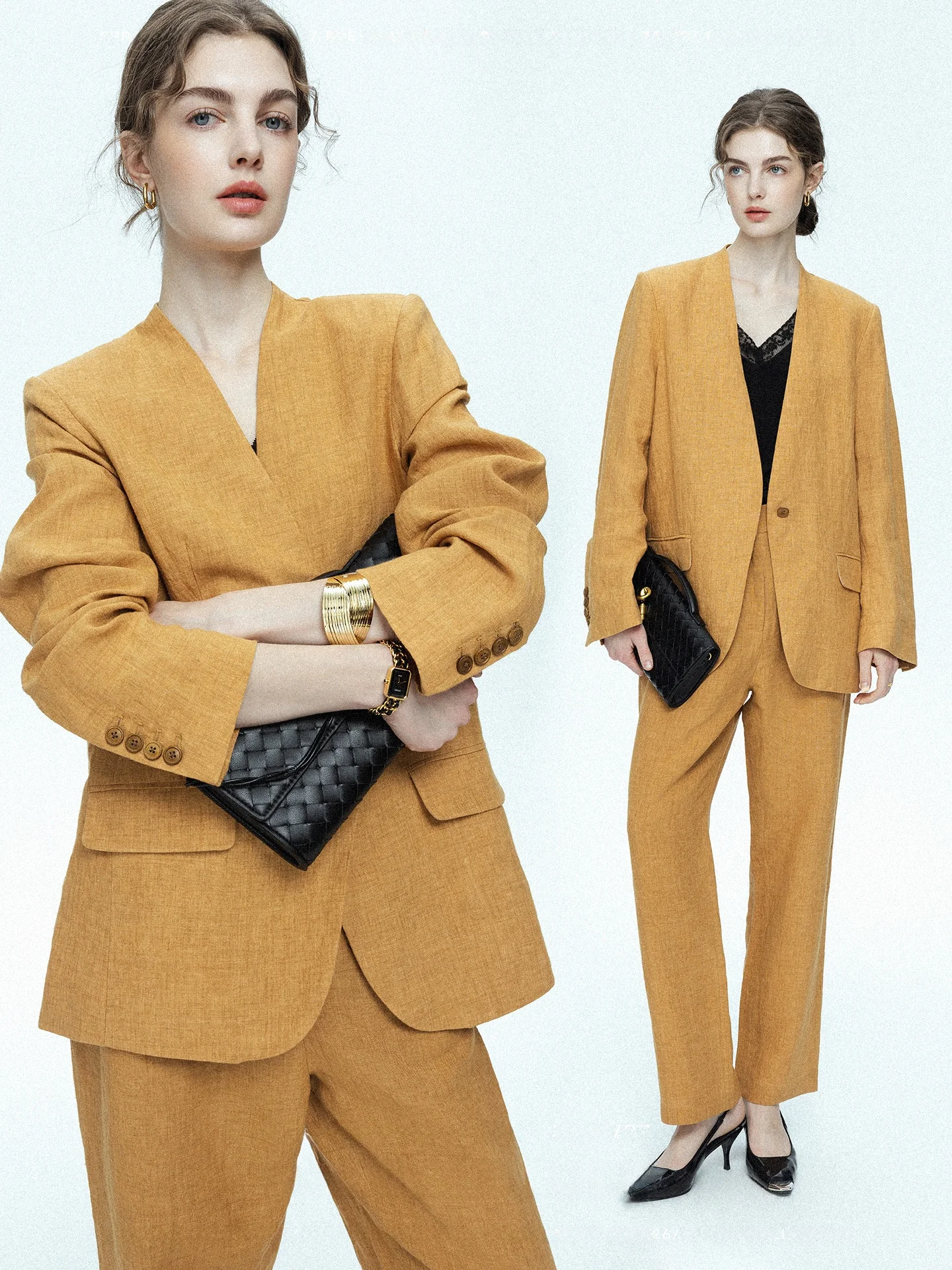 

Комплект из 100% льняной ткани Crisp Gold Collection: пиджак и брюки, повседневный стиль, прямое крепление, яркое окрашивание, высококачественный костюм для женщин