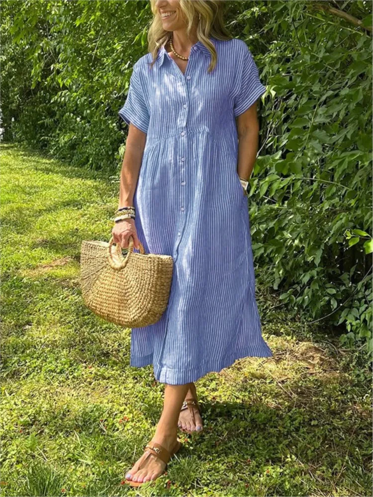 

Loose Plus Size Striped Short Sleeved Dress Dress For Women's Summer New Casual Cotton Linen Mid Length Dress