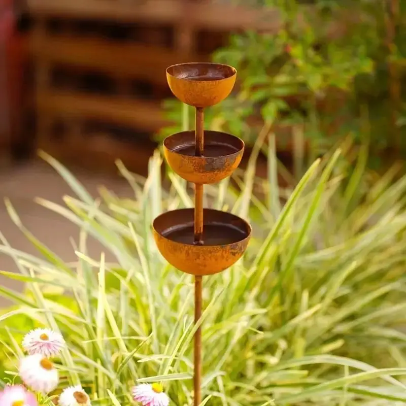 Plant Support Metal Garden Ornament,Garden Stake With 3-Tiered Water Bowls, Bee Bird Water Feeder Bath, Outdoor Yard Patio Decor
