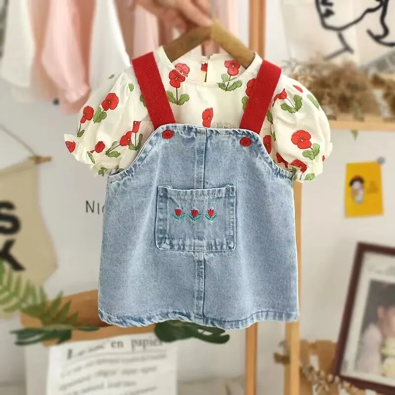 0-6Y Girls Dress Suit Summer New Baby Belt Skirt Short Sleeve Top Two-piece Children\'s Denim Skirt Suit Kids Clothing Set