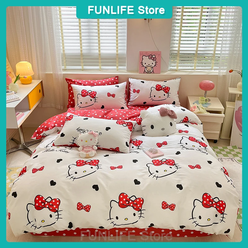 3/4pcs Hellokitty Bed-Linen Quilt Case Sheet Pillowcase Set Cotton Printed Bet-Use Set Cute Cartoon Kt Girls Bed Suppliers