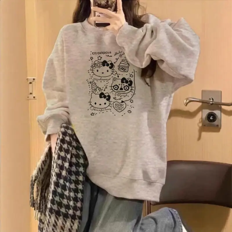 T-shirt da donna a maniche lunghe ad asciugatura rapida American Retro Kitty Cat in primavera e autunno, nuovo top stile college ampio e pigro