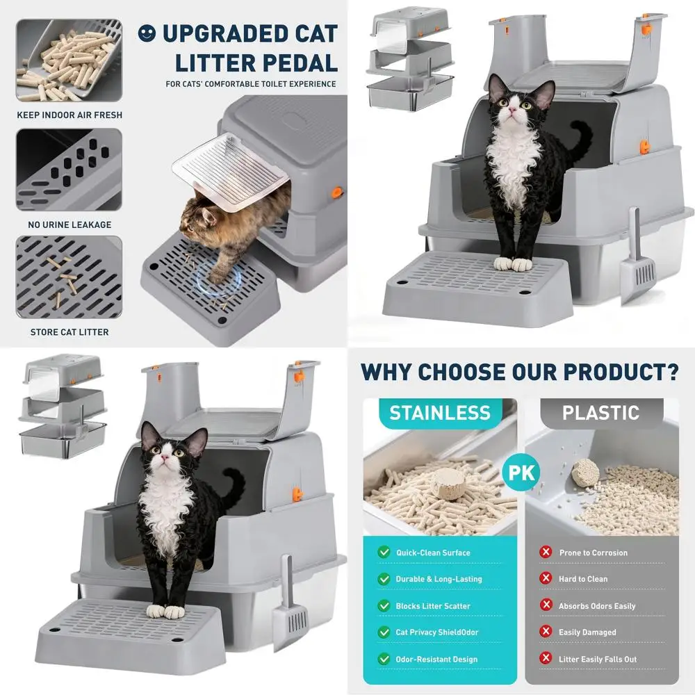 

Gray High-Sided Enclosed Cat Litter Box - Anti-Leak, Odor-Reducing, Non-Sticky, Easy Clean, Metal, Includes Scoop and Steps, Spa