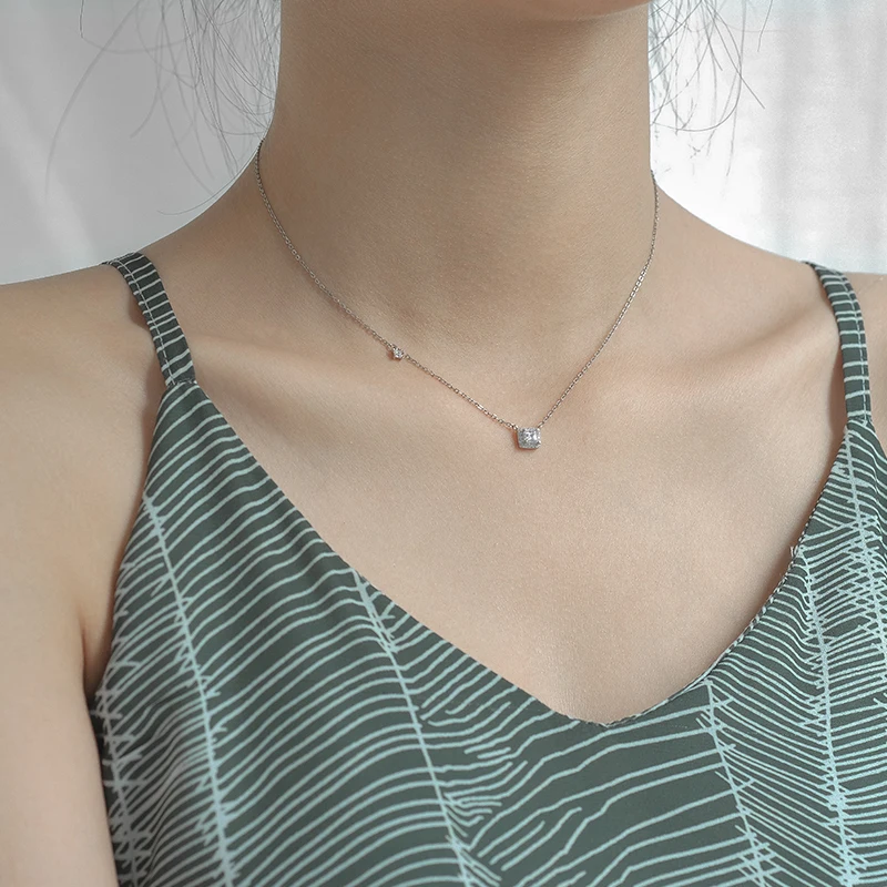 Full Moissanite Square Pendant Necklace Center 1CT Round Cut Diamond Emerald Cut Halo Design Necklace 14K Plated Silver Jewelry view 5