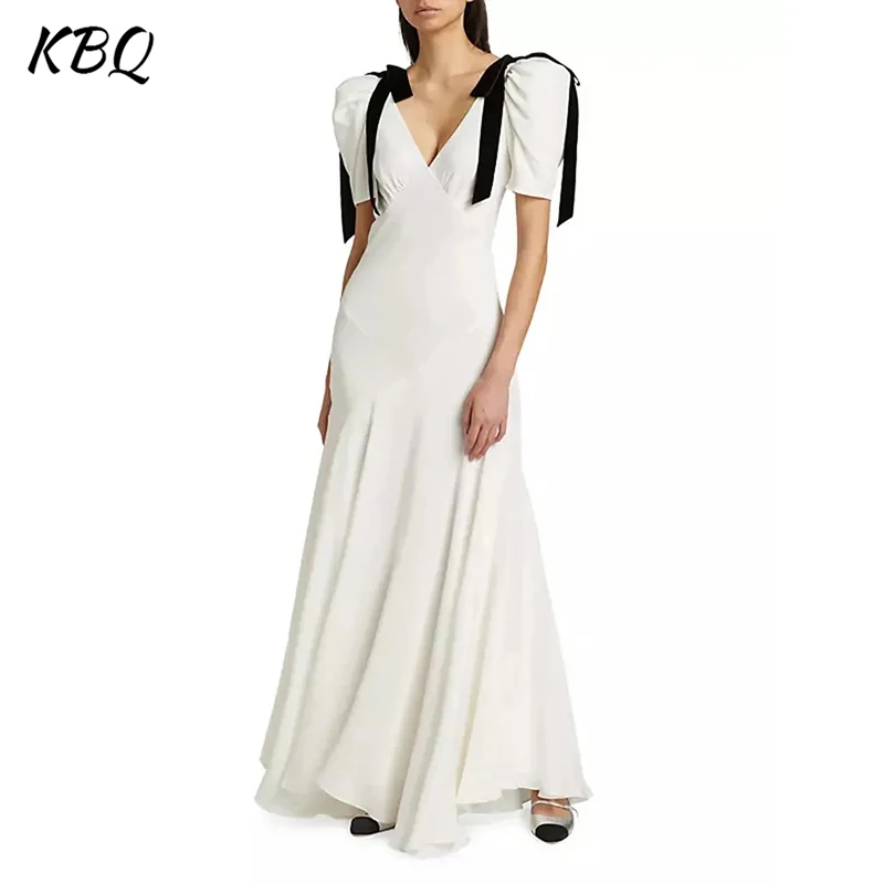 

KBQ Solid Patchwork Lace Up Elegant Dresses For Women V Neck Puff Sleeve High Waist Spliced Folds Temperament Long Dress Female