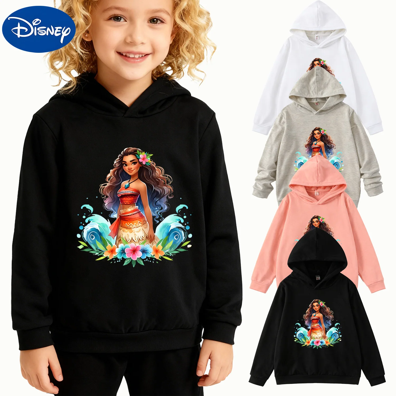 

Kids Disney Moana Wave Floral Hoodie, Black Casual Pullover Sweatshirt