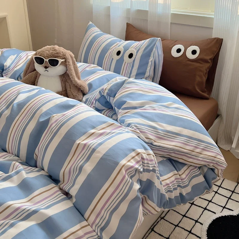 Stripe Big Eyes Series Printed Soft Bedding Set Duvet Cover Bedclothes Bedspread Big Eyes Pillowcases Flat Sheets Comforter Sets