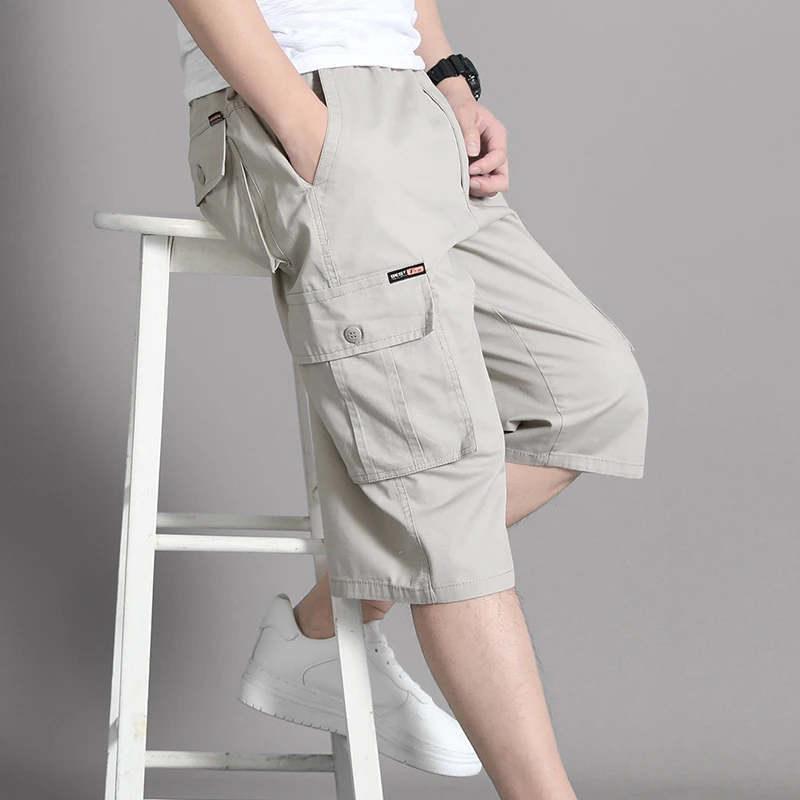 Men's Clothing Pockets Solid Color High Waisted Button Elastic Casual Summer Straight Knee Pants All-match Comfortable Shorts