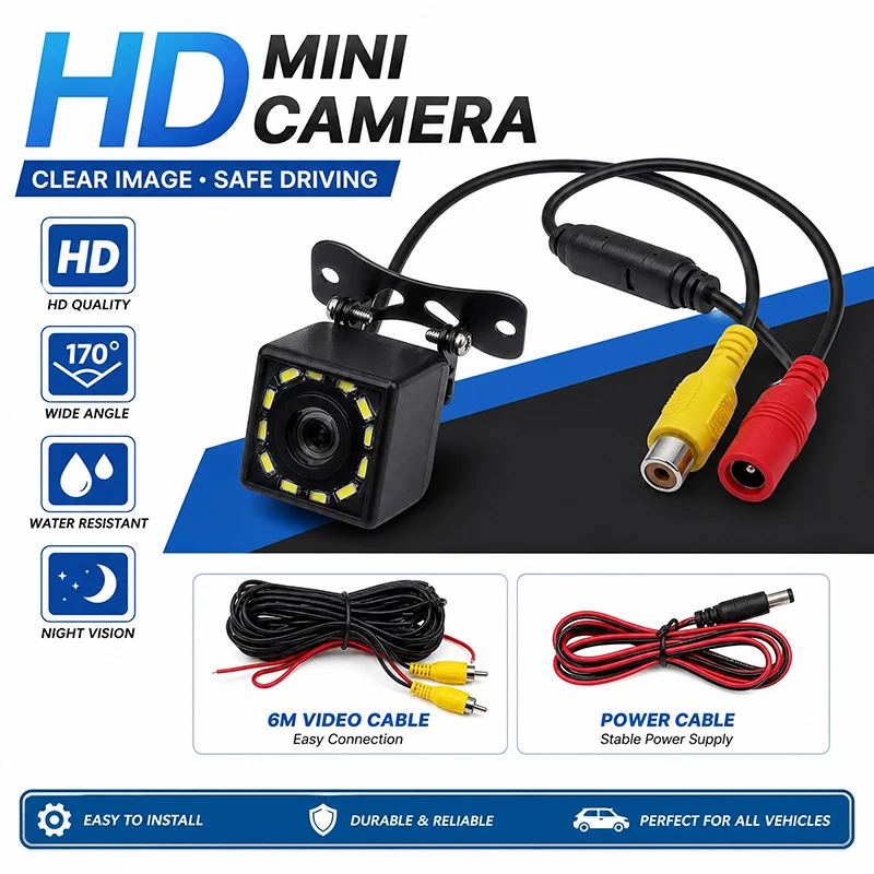 JISUIDA 12 LED Car Reversing Camera CVBS HD Night Vision Waterproof Vehicle Backup Camera for Parking Assist