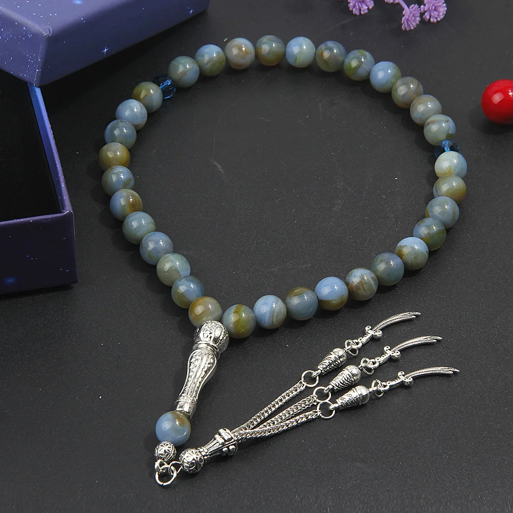 1Pc Natural Blue Striped Agate Tasbih Prayer Beads Silver Sword Tassel Muslim Rosary Bracelet Religious Worship Jewelry Gift