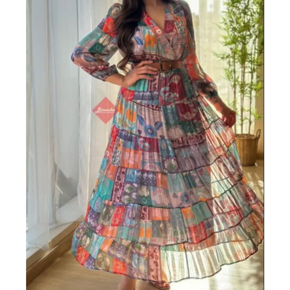 Retro v neck Lantern Sleeve ruffle chiffon Elegant summer  Dress A-line Flare Sleeve Vacation print Women Vestidos dresses